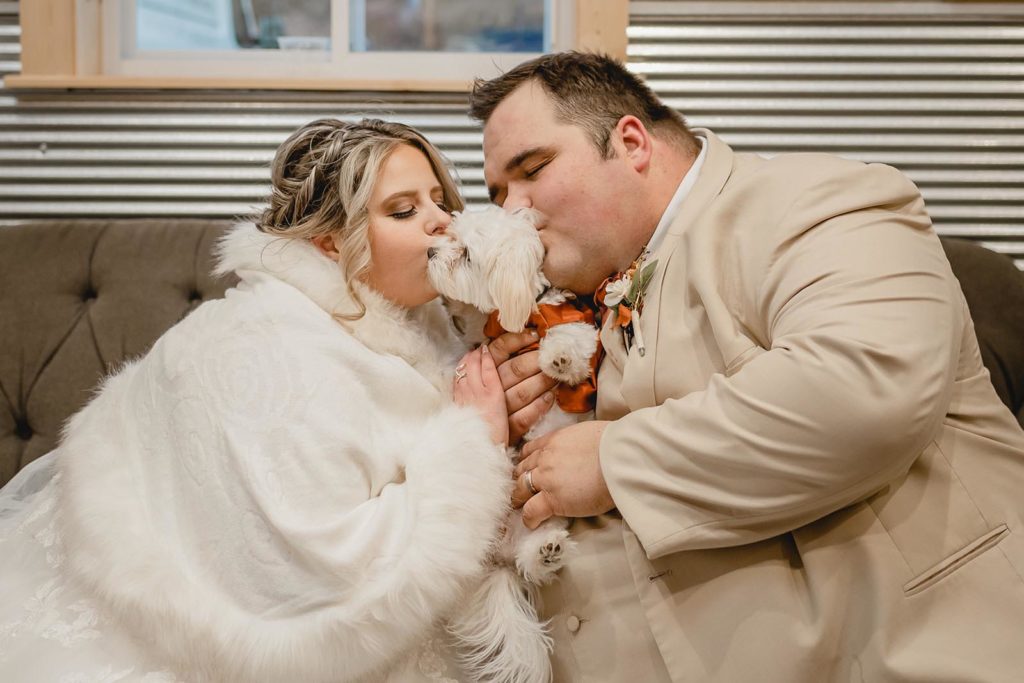 Bride and groom kissing their small white dog while sitting on the couch.