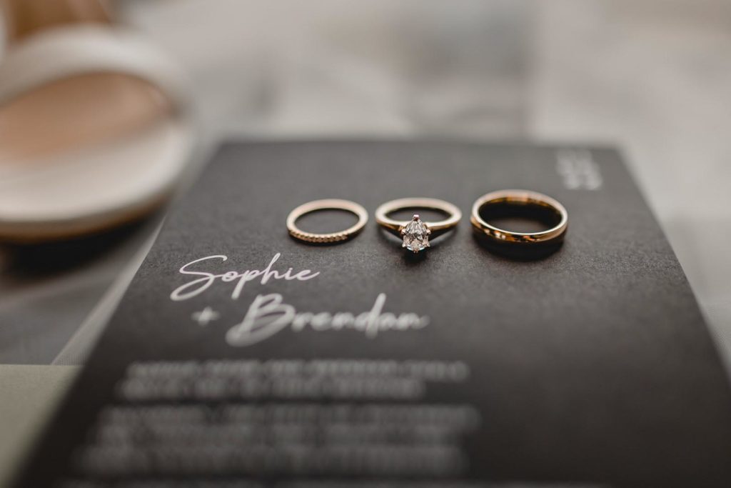 Wedding ring detail shot on wedding invitation