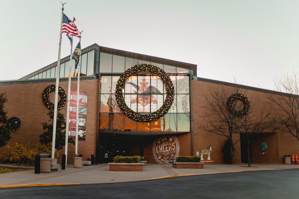 Anheiser Busch brewery with christmas wreaths.