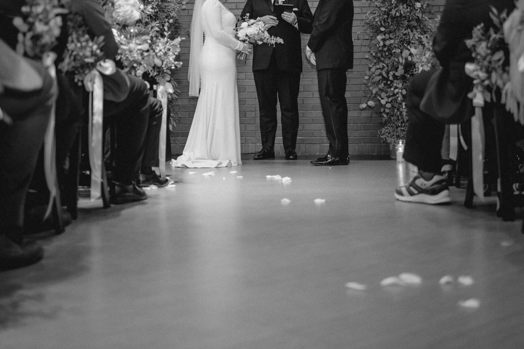Wedding ceremony at Anheuser Busch beer garden black and white