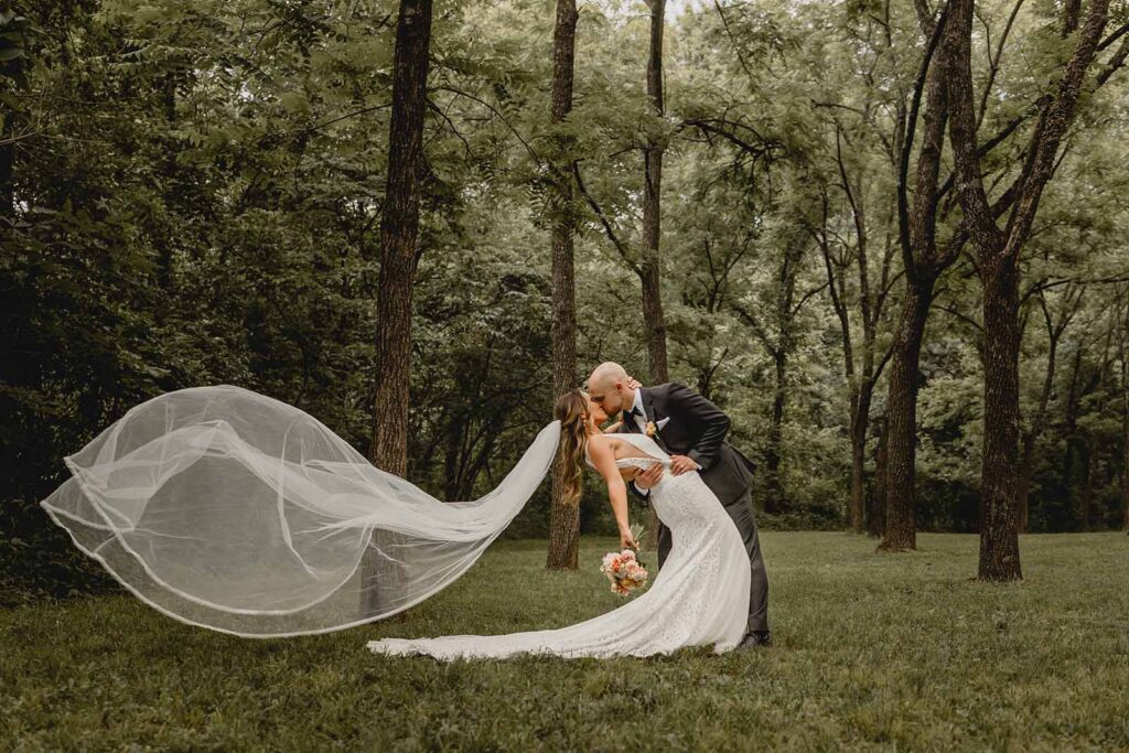 Wide shot in a green walnut grove of bride and groom in a drip kiss and long cathedral veil blows in the beyond
