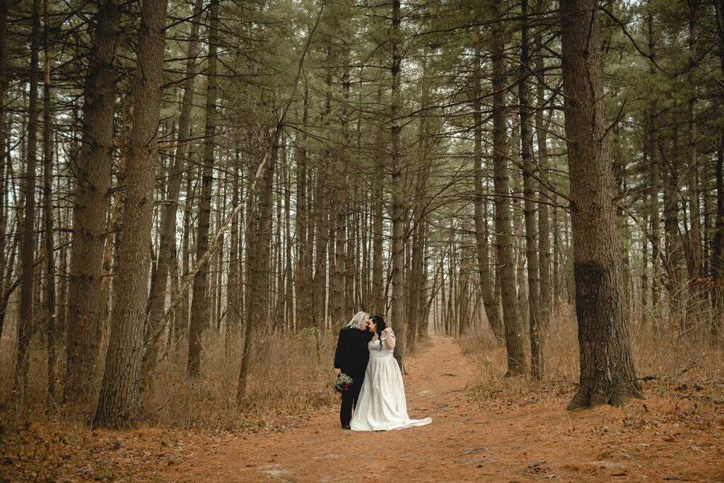wide far shot of bride and groom standing leaned together centered in  front of a backdrop fo tall thin pine tree trunks