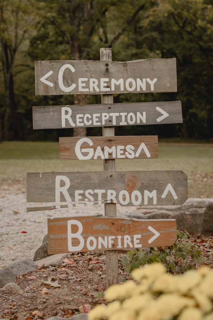 Wooded sign indicating all the actives for wedding reception.