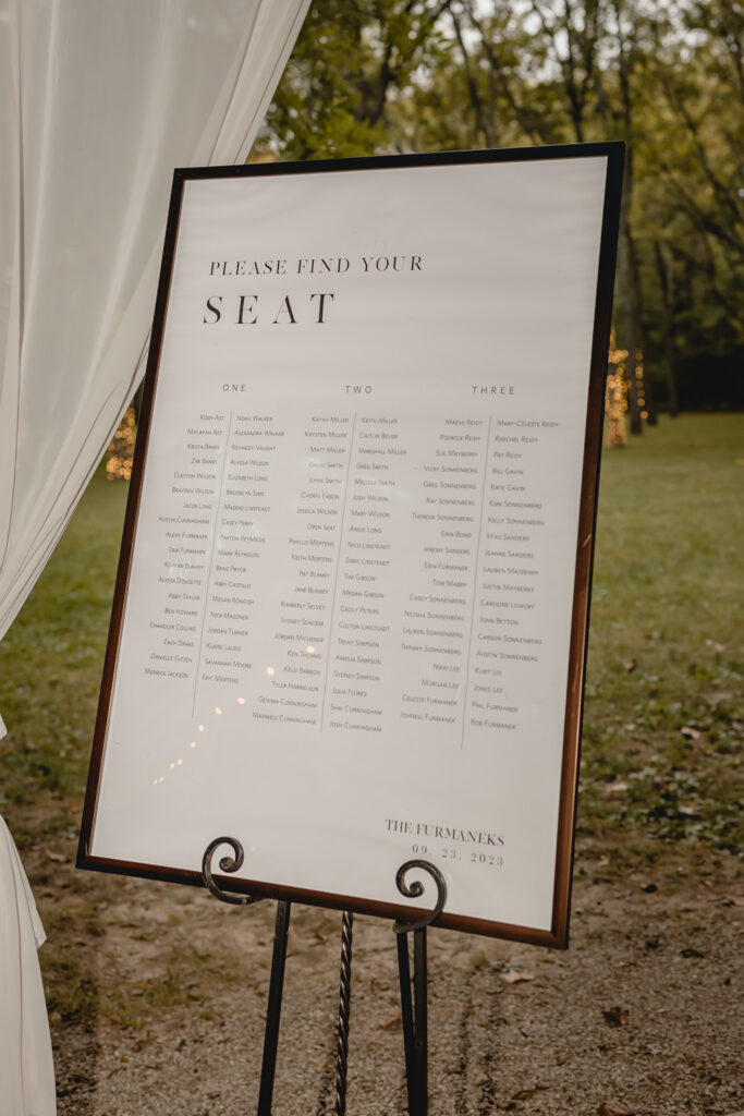 Seating chart of black stand at wedding reception.