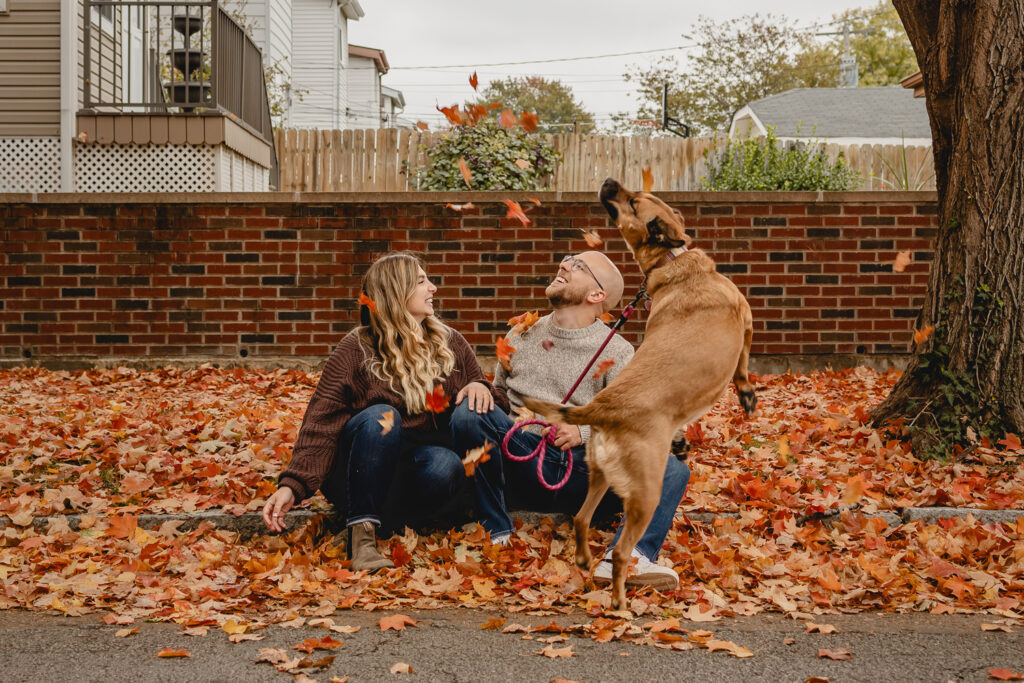 couple seated on a curb laughing as their dog jumps up to catch falling leaves in the foreground